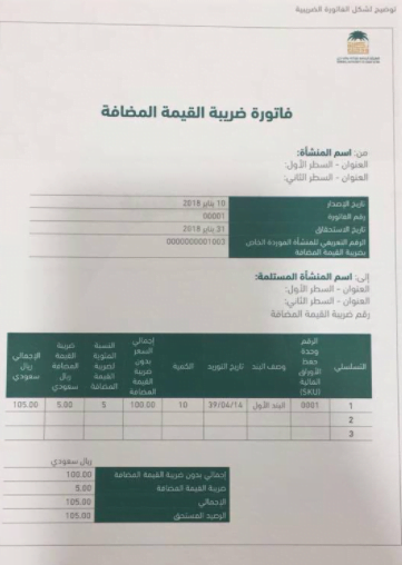 نموذج الفاتورة الضريبية معتمد في المملكة العربية السعودية